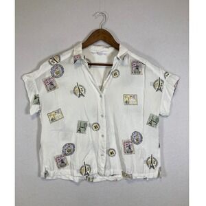 Jane + Delancey Paris Postage Stamp Shirt Women Medium White Short Sleeve Button